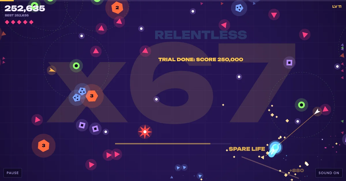 A dark violet arena seen from above with a huge faint x67 behind it: a cyan blade at the lower right mid-dash with gold shards streaming to it, pink triangles, purple squares, orange hexagons numbered 2 and 3, green rings and a red spiked star scattered round it, the score 252,635 and five pink lives at the top left