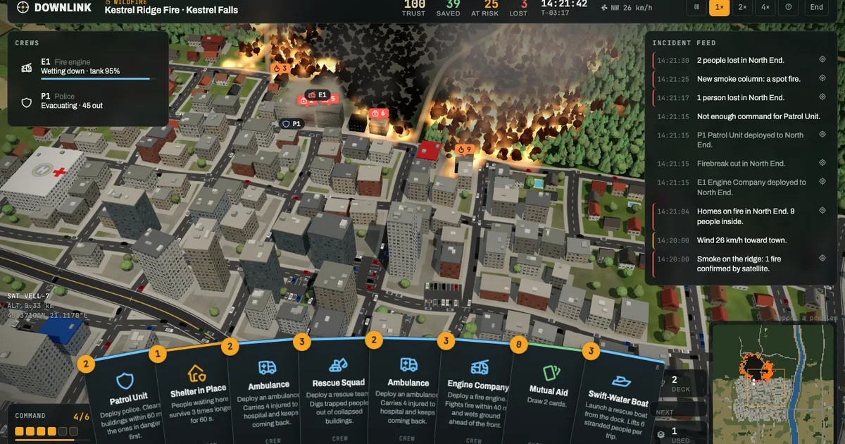 A satellite view of a town under a wildfire: the forest above the North End burnt black with an orange fire front reaching the first houses, crew labels for a fire engine and a police car among the streets, the hospital with its helipad on the left, and a hand of eight crew and action cards along the bottom