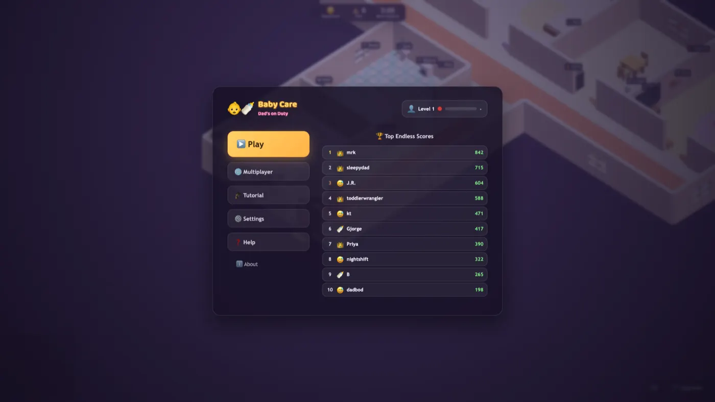 The Baby Care main menu over the isometric house