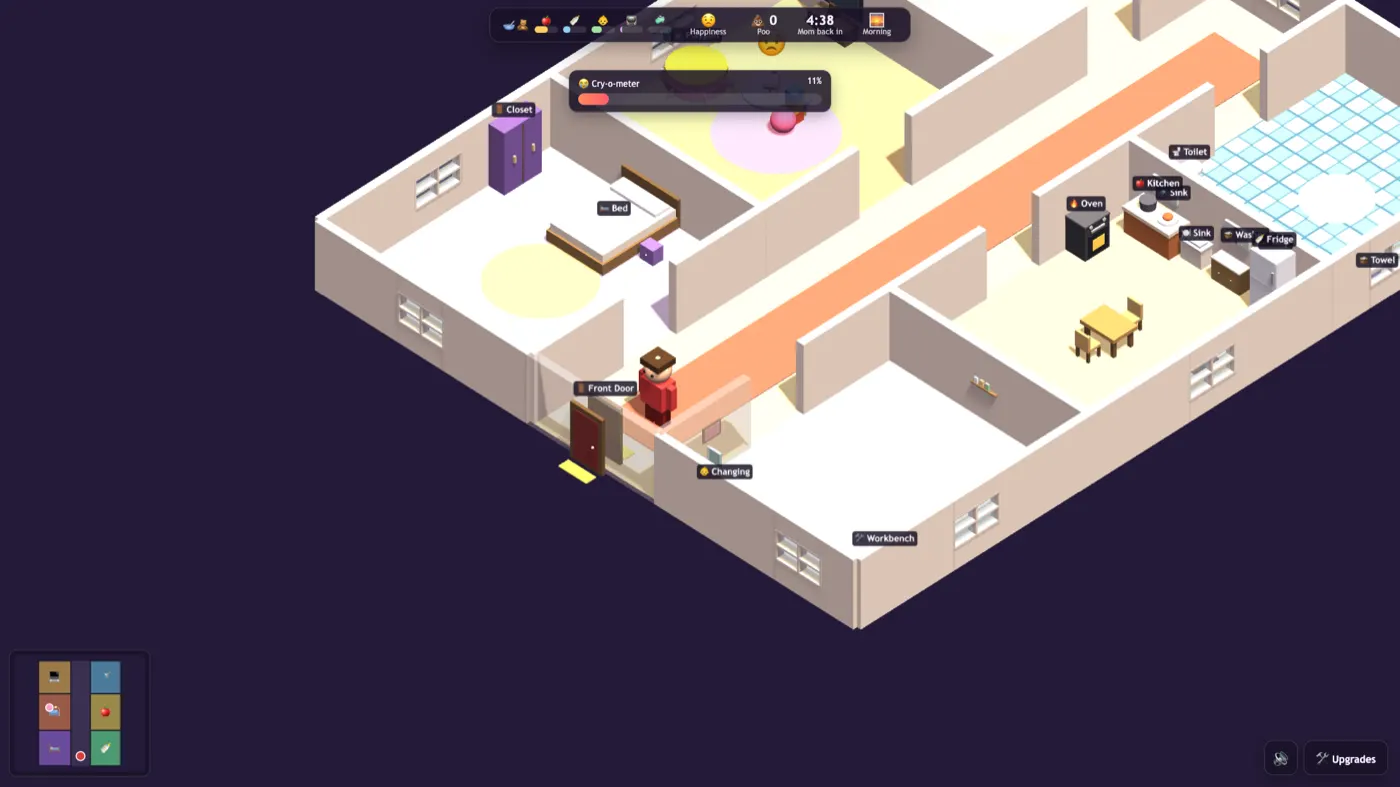 An isometric cutaway of the whole home, with bedroom, kitchen, bathroom and nursery around a central hallway, Dad standing at the front door, a needs bar along the top and the cry-o-meter at 11 percent