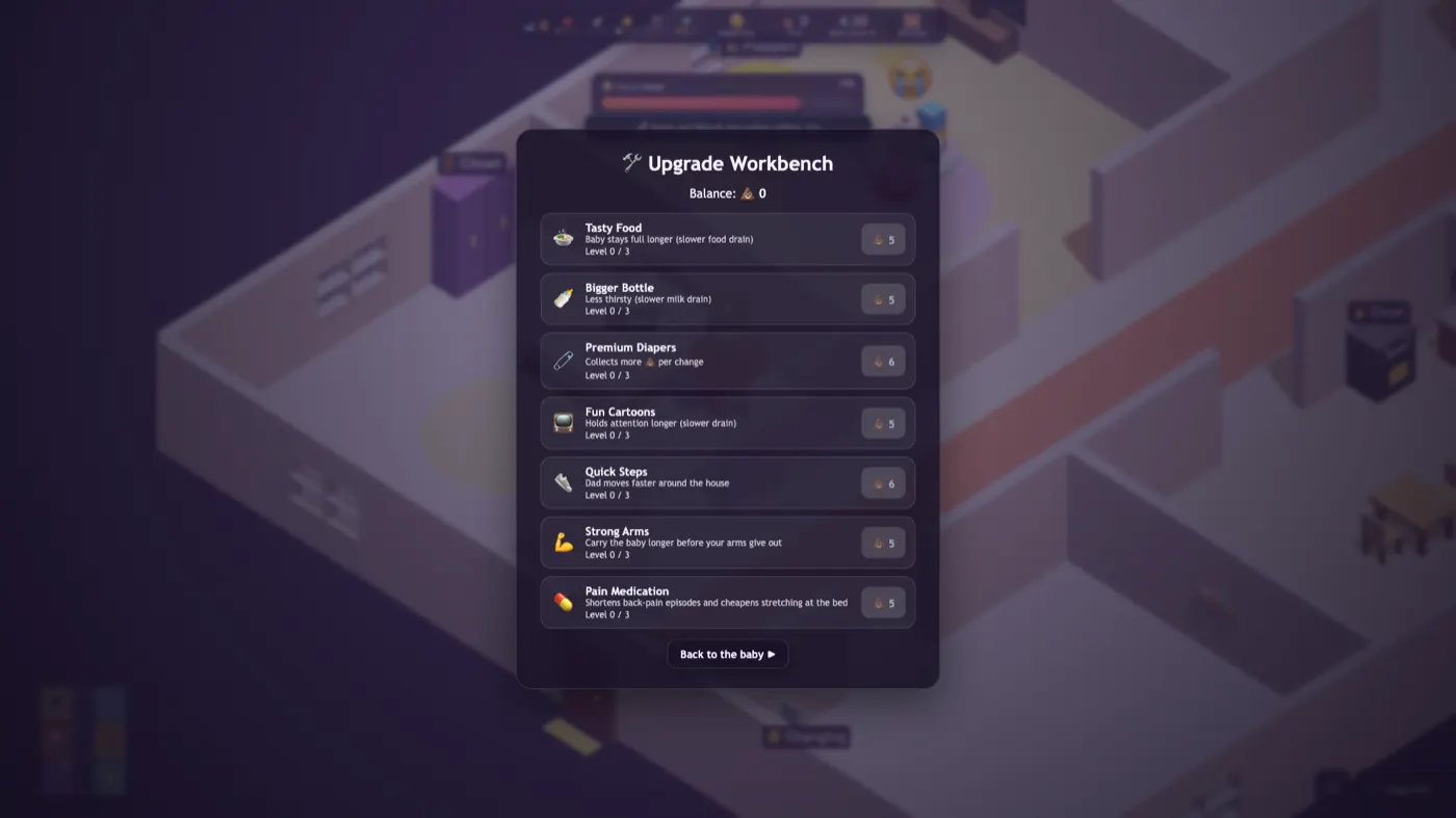 The Upgrade Workbench panel listing seven upgrades (Tasty Food, Bigger Bottle, Premium Diapers, Fun Cartoons, Quick Steps, Strong Arms and Pain Medication), each at level 0 of 3 with a price in poo