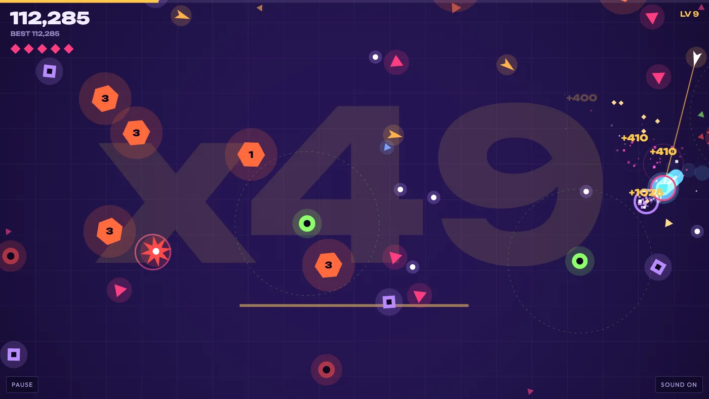 A minute in, 112,285 points and a x49 chain: orange hexagons numbered 3 and 1 down the left, a red spiked star below them, green rings, purple squares and pink triangles across the arena, and the blade at the right edge with +410 three times over