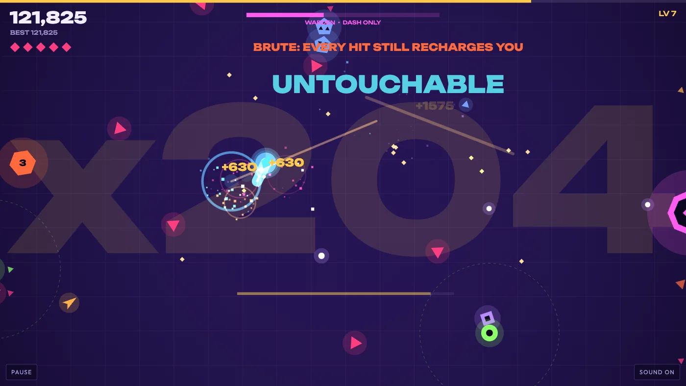 A magenta bar across the top labelled Warden, dash only, the word Untouchable in cyan capitals under it, a faint x204 behind, the blade in the middle with two +630s and a magenta octagon coming in at the right edge