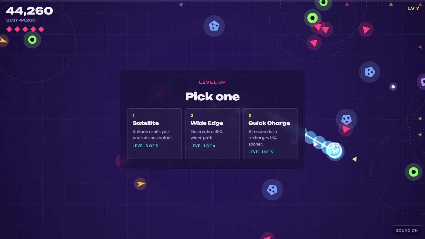 The arena dimmed behind a panel reading Level up, Pick one, with three cards: Satellite, a blade orbits you and cuts on contact; Wide Edge, dash cuts a 35 percent wider path; Quick Charge, a missed dash recharges 15 percent sooner