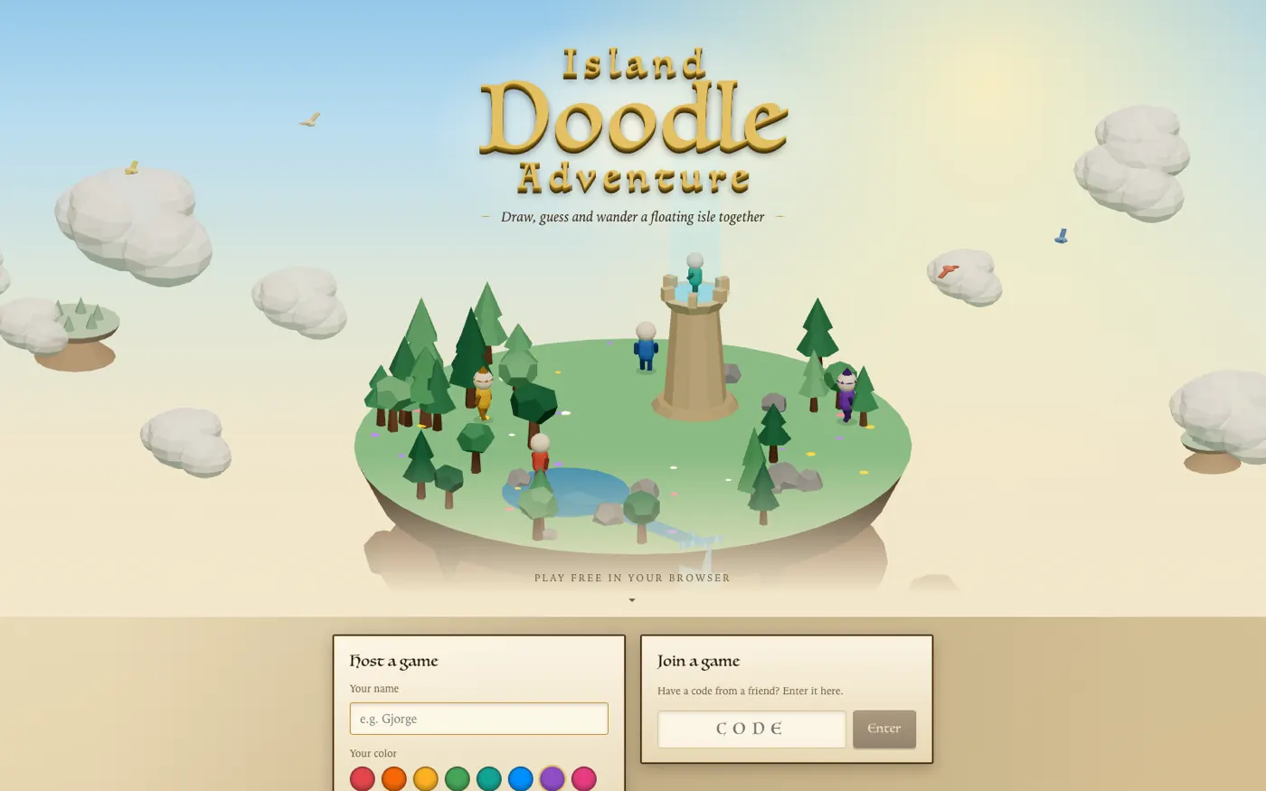 The Island Doodle Adventure landing page: a low-poly floating island with a stone tower, a pond and drifting clouds, under the game's wordmark