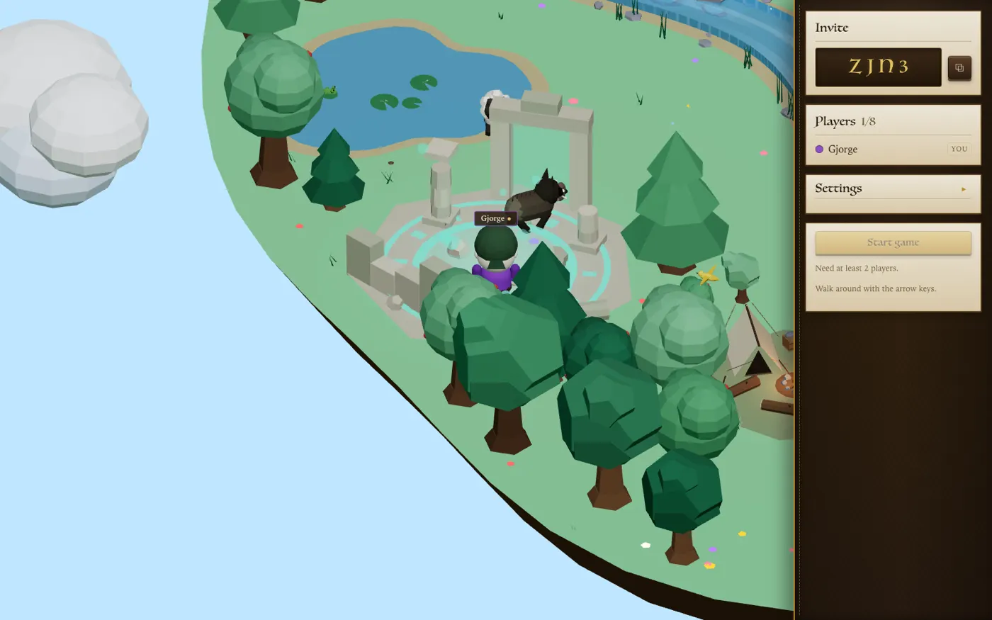 In-game: a character stands by ruins on the floating island beside a cat, with an invite panel showing a room code and one of eight player slots filled