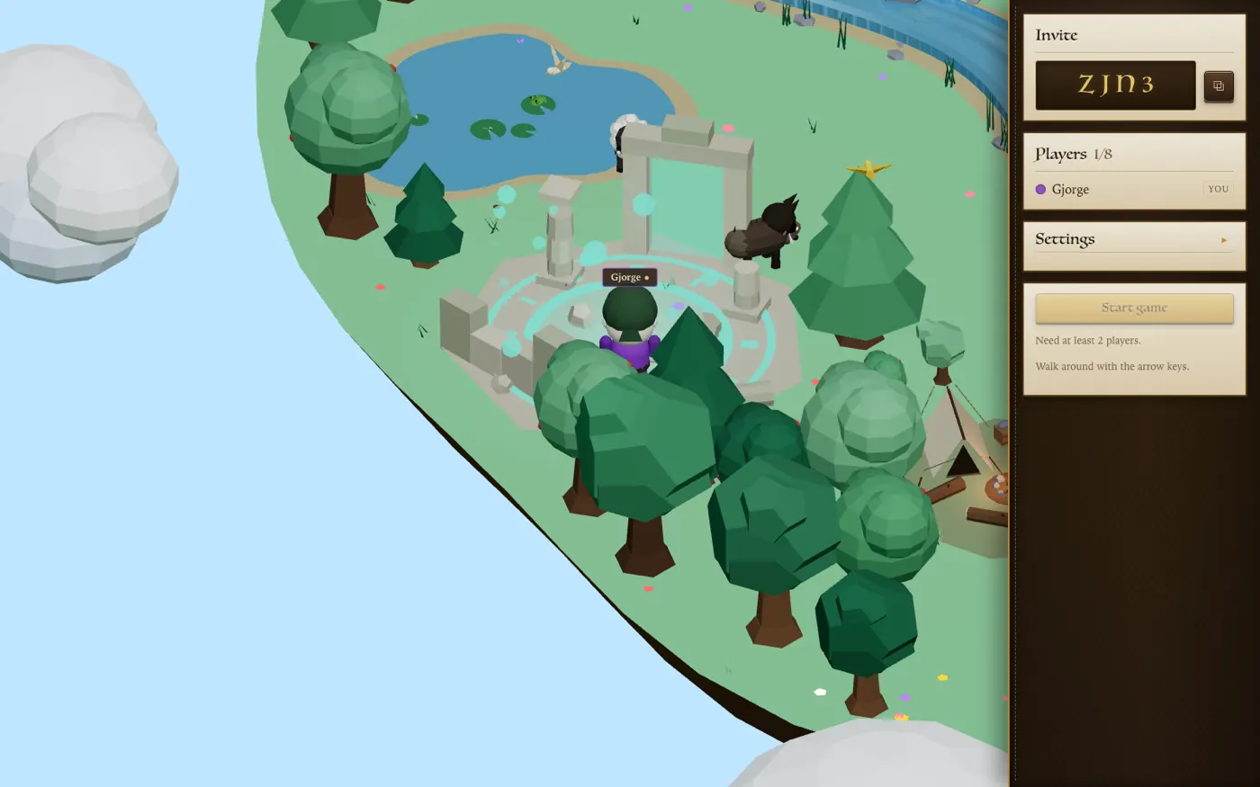 The island from another angle, with trees, a pond and a campfire, and the lobby panel at the right