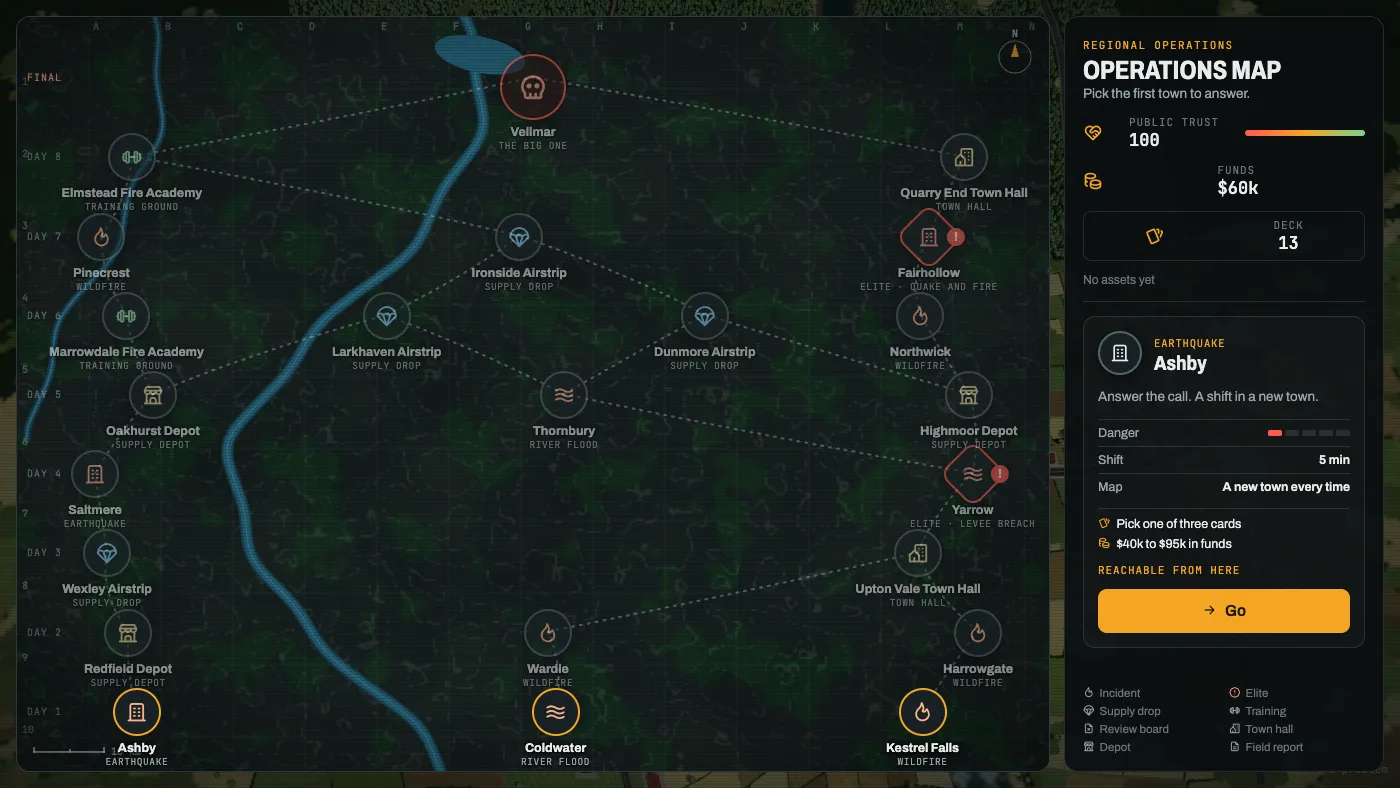 The operations map: a dark regional chart with contour lines, forests and a river, sites joined by dashed roads from Day 1 at the bottom to Vellmar, The Big One, at the top; airstrips, fire academies, depots and town halls between the towns, two elite incidents marked red, and a side panel describing Ashby, an earthquake, with a Go button