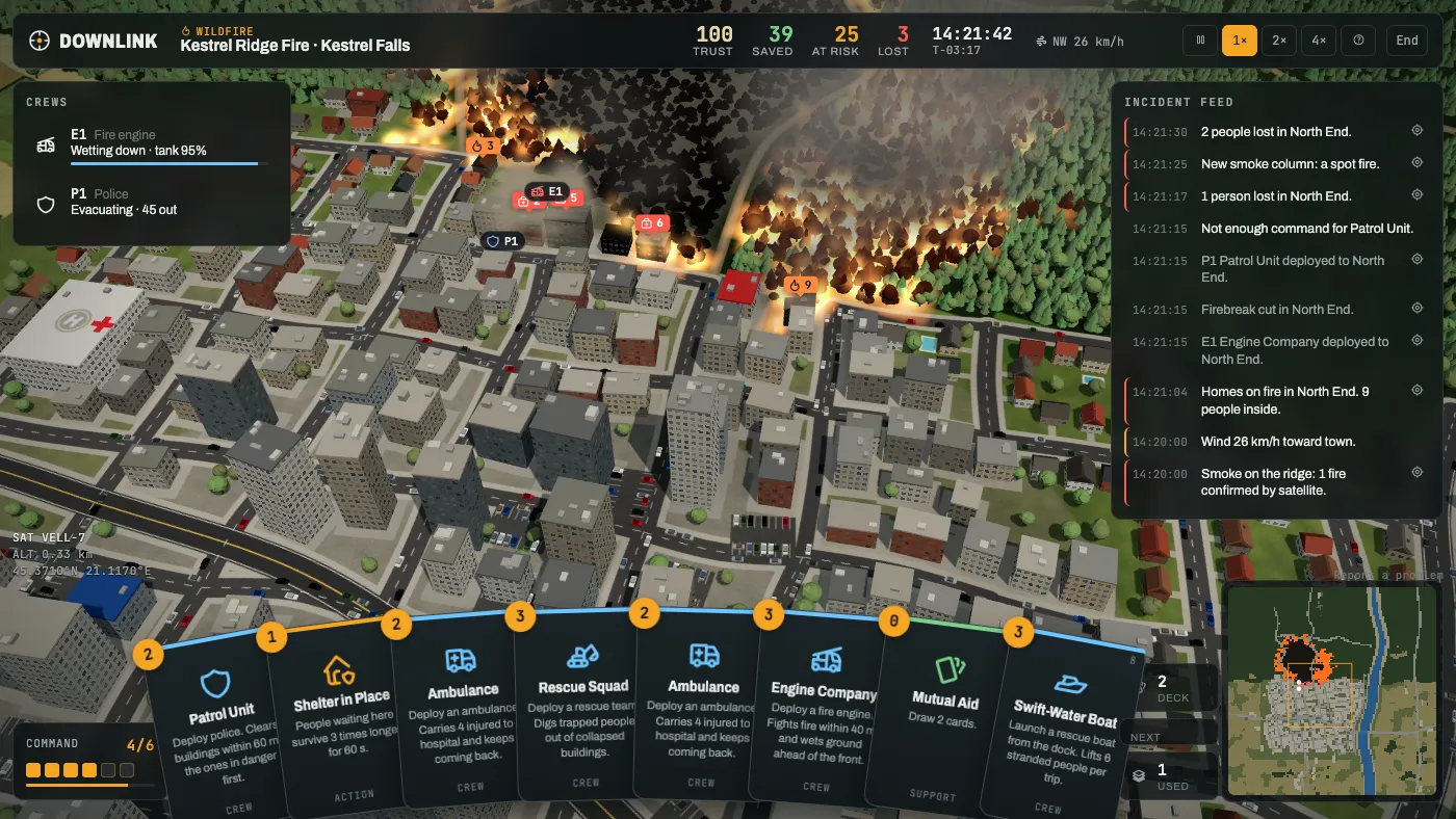 A wildfire shift at Kestrel Falls: the ridge burnt black and an orange front at the edge of the North End, a fire engine wetting down the ground and a police car evacuating, people-at-risk markers on burning homes, the incident feed on the right and a fanned hand of cards along the bottom