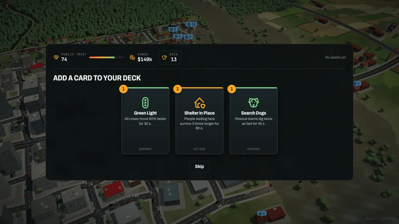 The card reward after a shift: public trust at 74, funds and a deck of thirteen across the top, and three cards to choose from, Green Light, Shelter in Place and Search Dogs, with a Skip button
