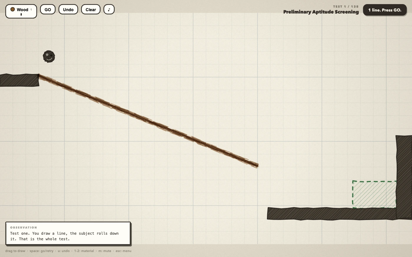 The first chamber: a brown crayon line drawn from a ledge down toward a dashed target, with the narrator's opening remark in a card at the bottom left