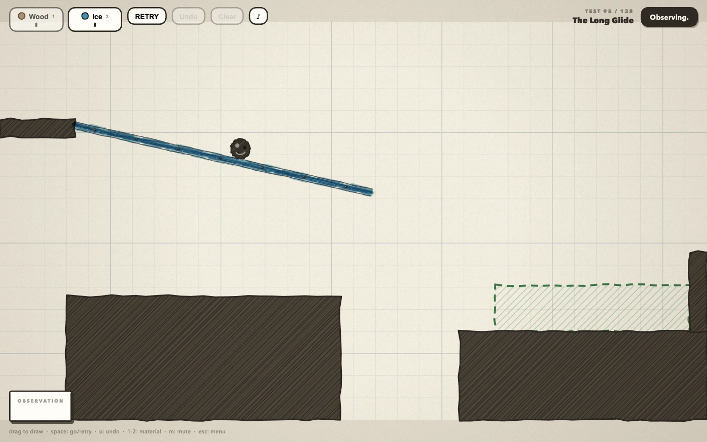 A blue ice ramp with the ball sliding down it toward a gap in the floor, wood and ice crayon meters in the top left