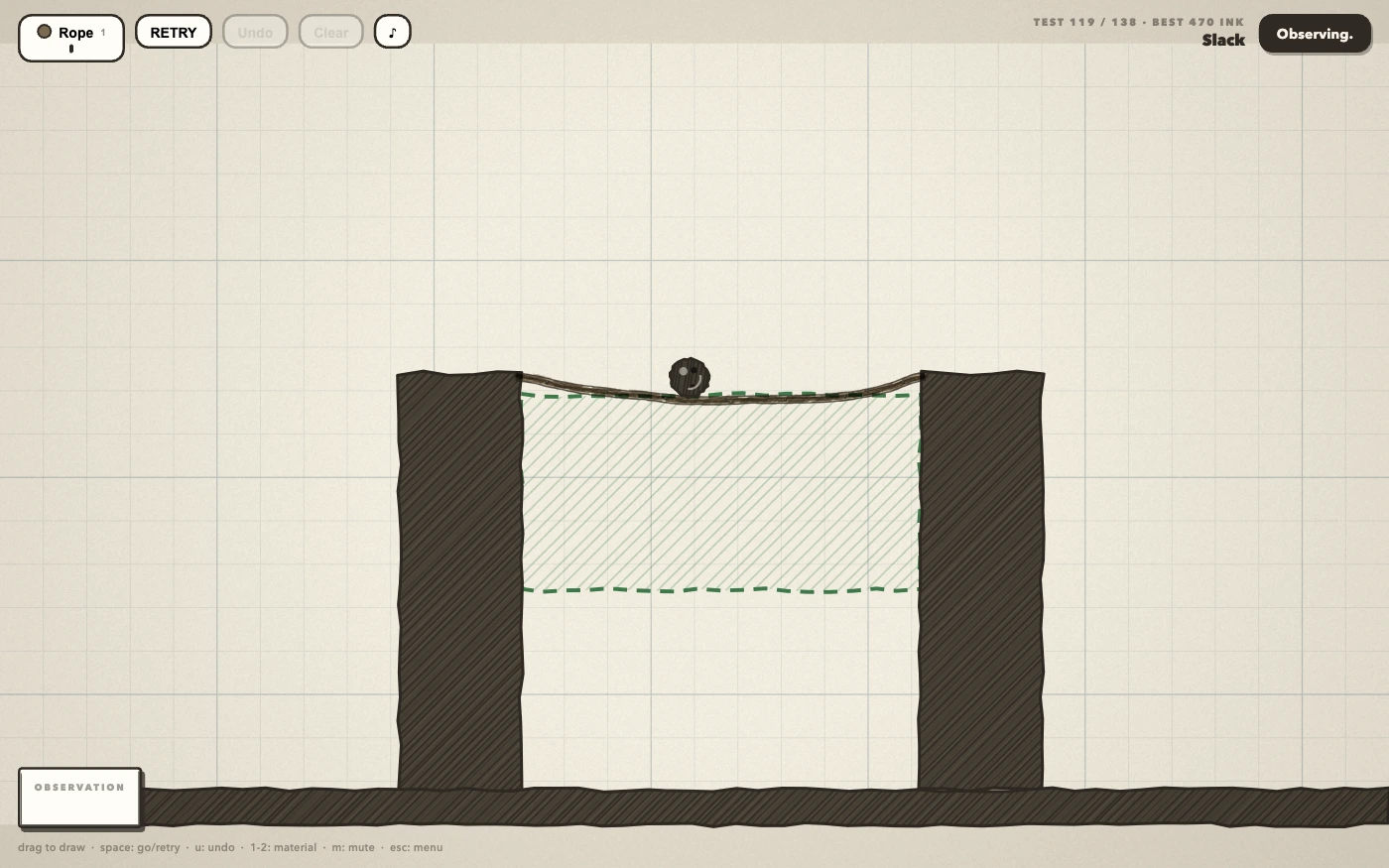 A rope strung between two pillars, sagging under the ball resting in it, inside a dashed green target area