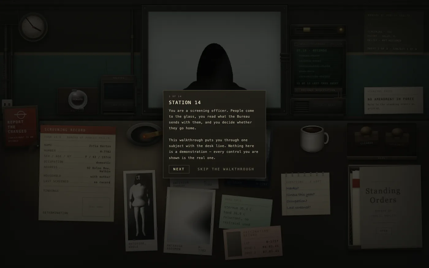 A walkthrough card headed 'Station 14', step 1 of 14, over the darkened station