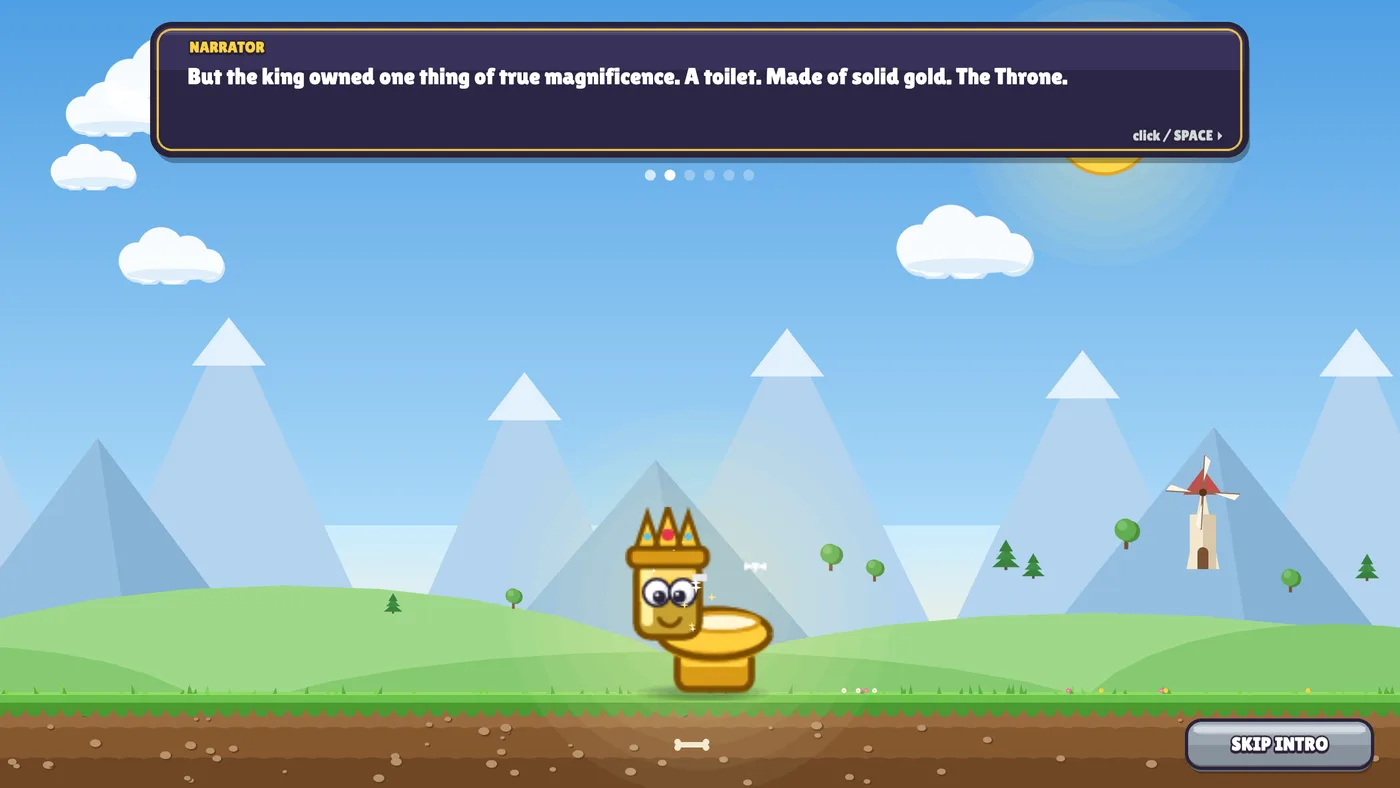 The narrated intro: a golden toilet with a crown and googly eyes glowing on a hillside, under a caption box reading that the king owned one thing of true magnificence, a toilet made of solid gold