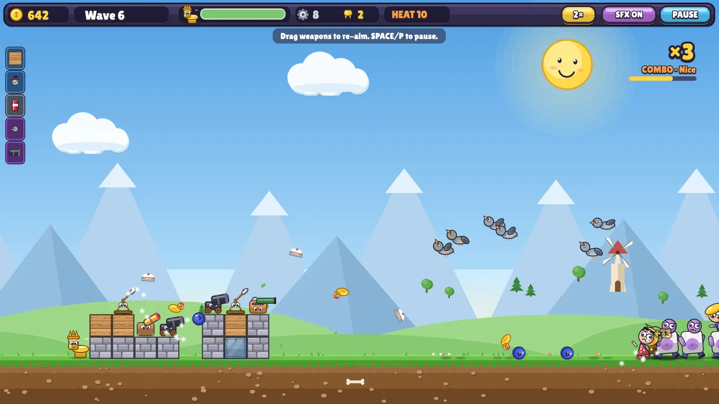 Wave 6: a two-part fort of wood, stone and glass blocks with cannons, catapults and a chicken launcher on top, rubber chickens, pies and bowling balls in the air, a flock of pigeons overhead and a crowd of Karens and Chonks arriving from the right