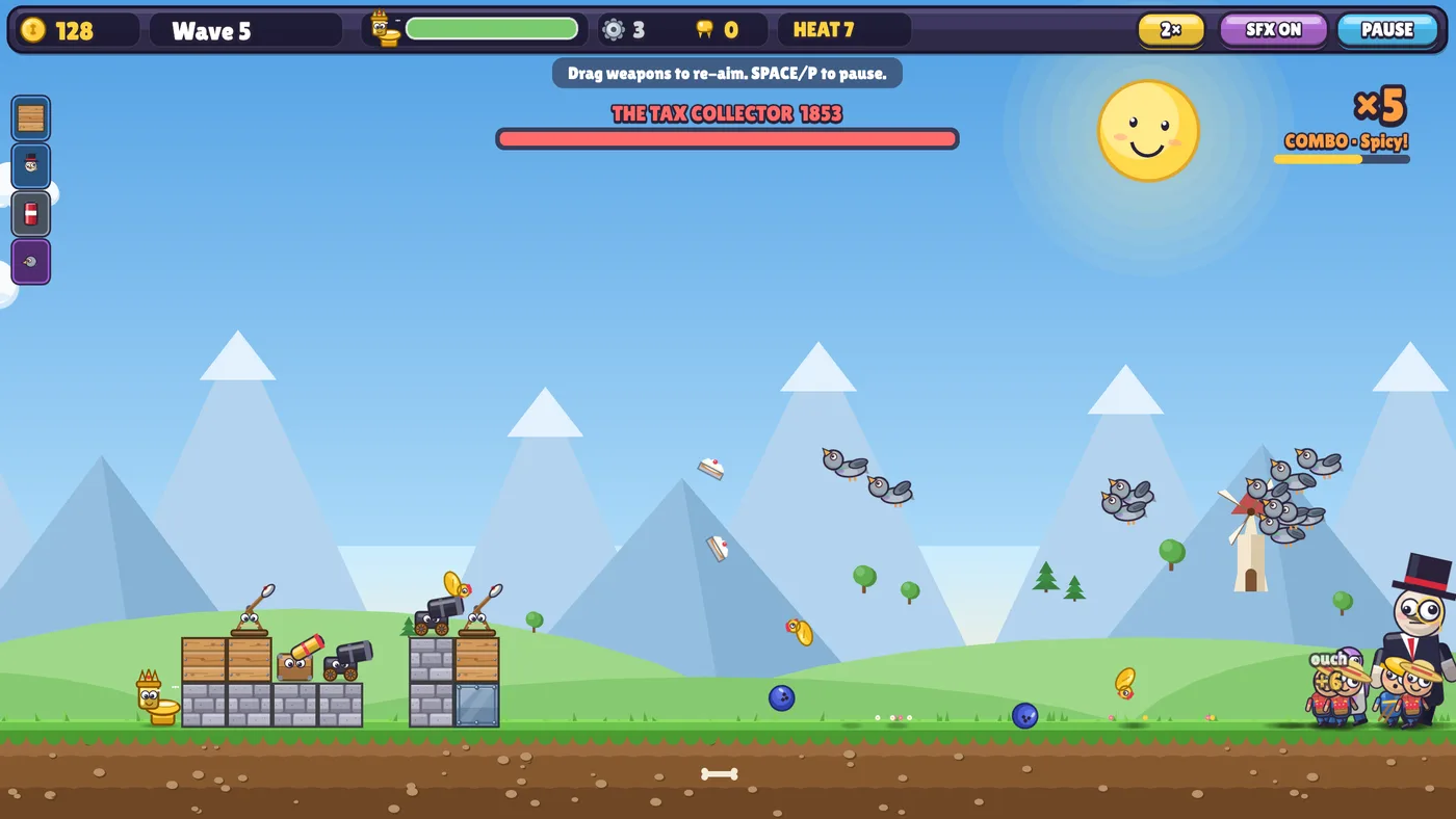 Wave 5: the Tax Collector, a tall man in a top hat and monocle, walking in behind a group of Tomato Tossers with his health bar across the top of the screen, pigeons circling the windmill