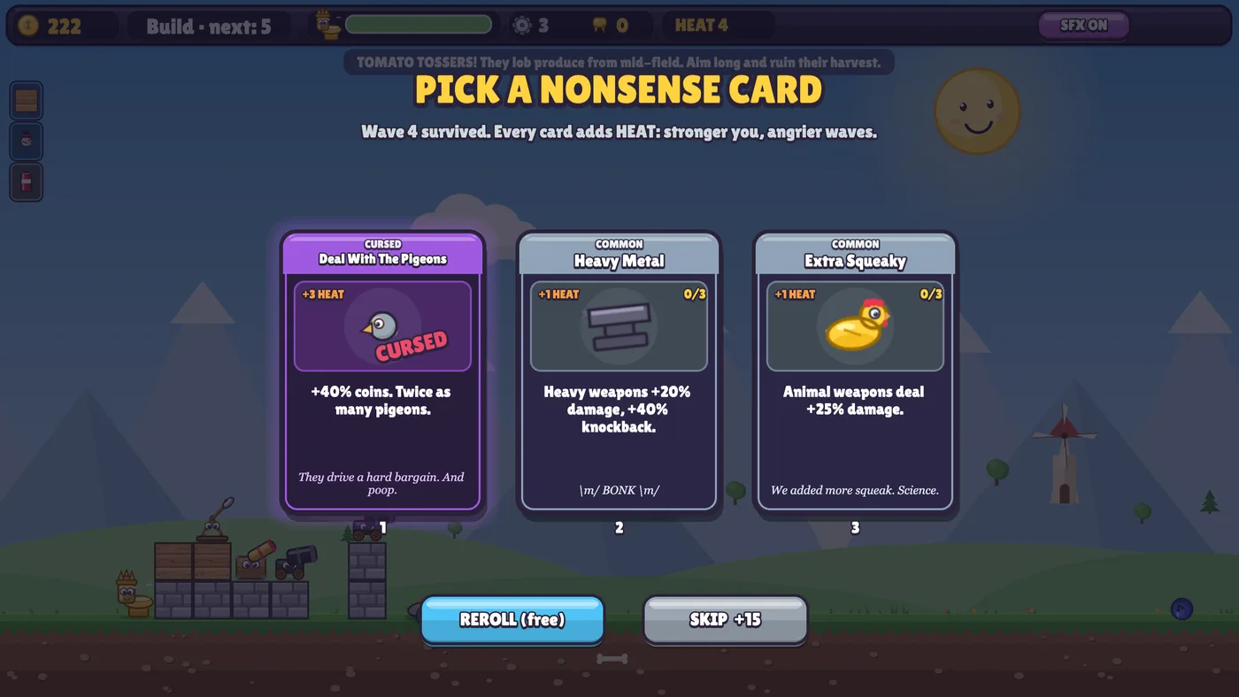 The Pick a Nonsense Card screen after wave 4: a cursed card, Deal With The Pigeons, for more coins and twice as many pigeons, beside Heavy Metal and Extra Squeaky, with Reroll and Skip buttons