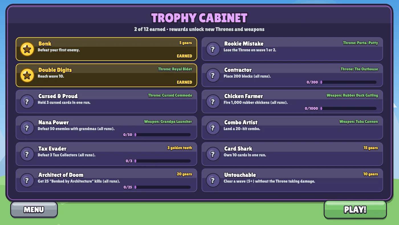 The Trophy Cabinet, two of twelve earned: Bonk and Double Digits, and locked ones including Rookie Mistake, Chicken Farmer, Nana Power and Tax Evader, each naming the Throne, weapon or currency it unlocks