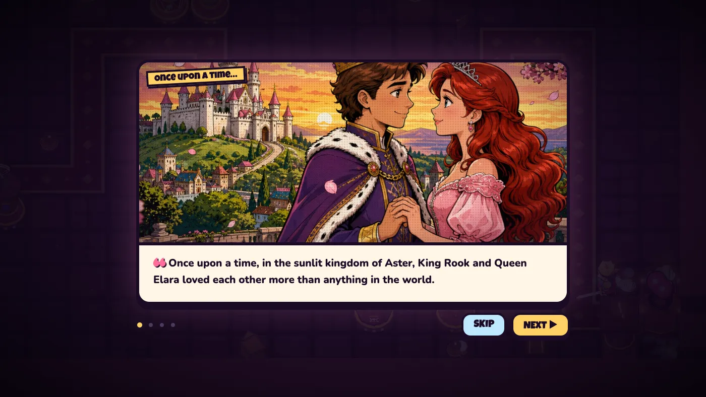 The narrated storybook: a comic-book panel of King Rook in a purple fur-trimmed cape holding hands with red-haired Queen Elara on a balcony, a white castle behind them at sunset, over a caption reading once upon a time in the sunlit kingdom of Aster