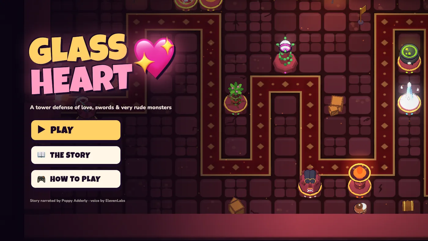 The title screen: Glass Heart in yellow and pink letters with a sparkling heart, Play, The Story and How to Play, over a mossy green dungeon where a demo game of towers and a carpet path plays behind the menu