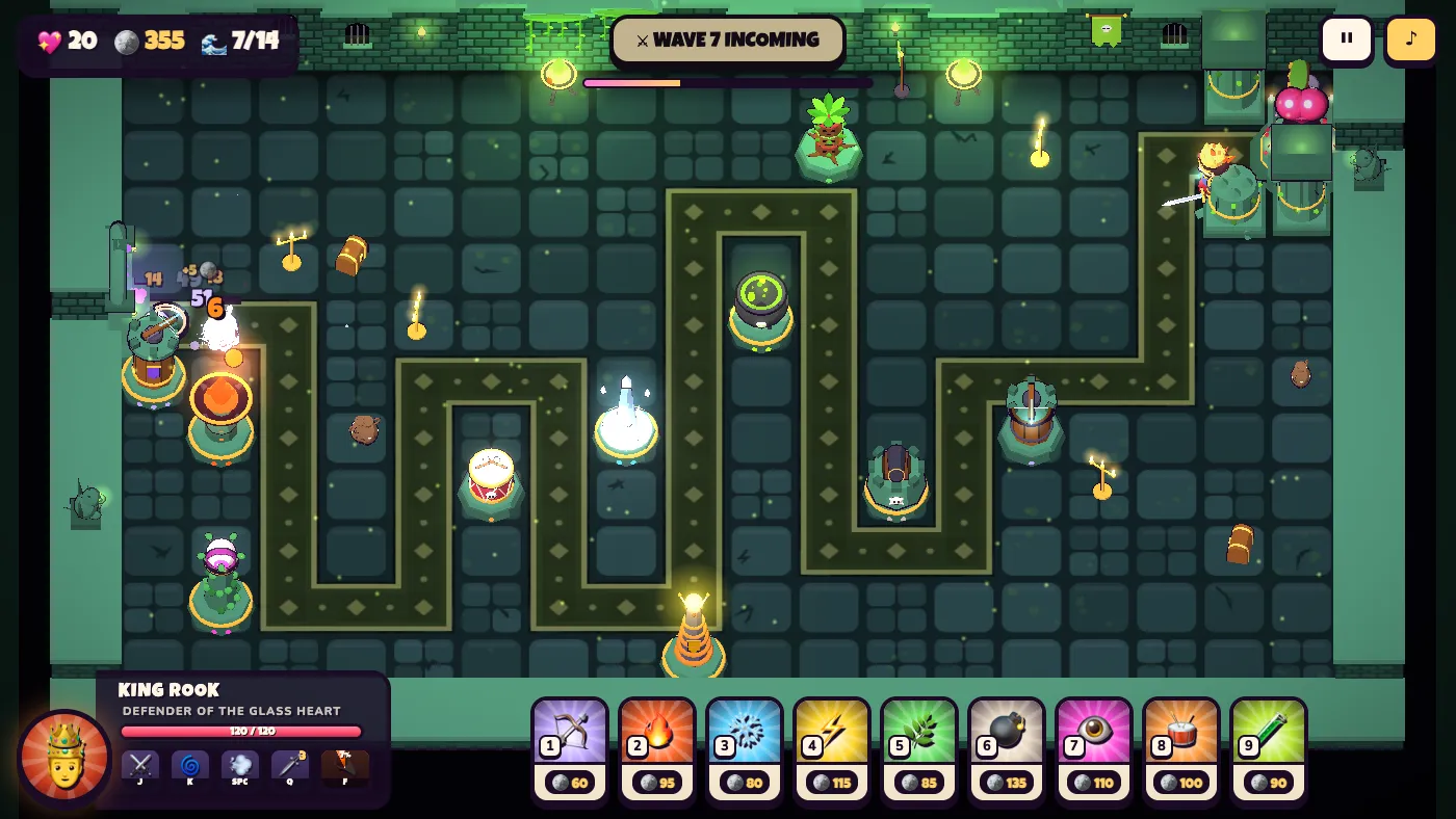 Wave 7 in the Asphodel Swamps: a winding carpet path across a green dungeon, towers on both sides, an imp taking ember fire on the left, and King Rook guarding the pink Glass Heart on its pedestal at the far right