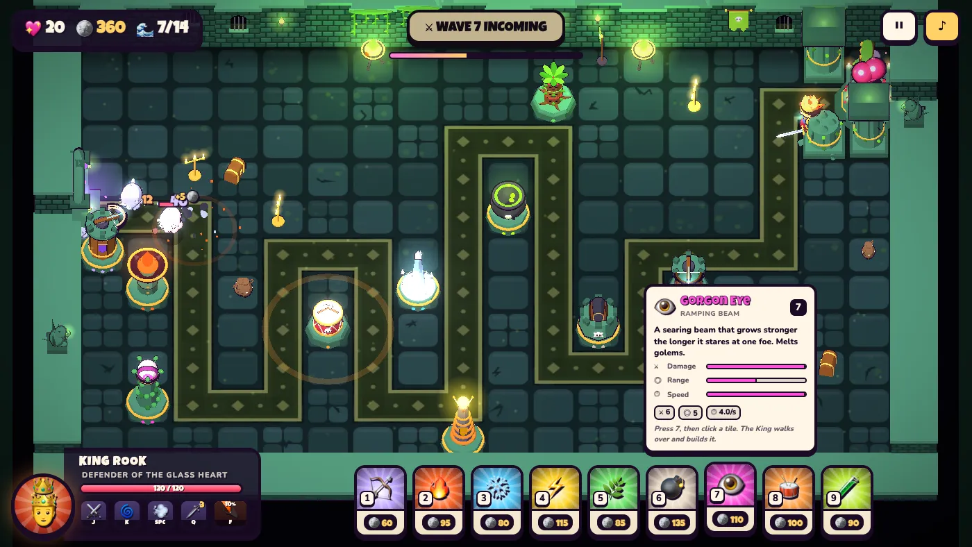 The tower bar along the bottom with nine cards, the Gorgon Eye's tooltip open above it showing its damage, range and speed bars and a note that its beam grows stronger the longer it stares at one foe
