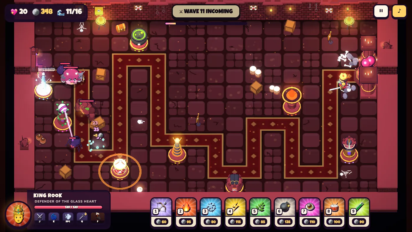 Wave 11 in a red-brick dungeon: a Gorgon Eye's pink beam locked on a spider, a rock golem on the path, a frost tower webbed shut, and a War Drum's orange pulse ring round its neighbours