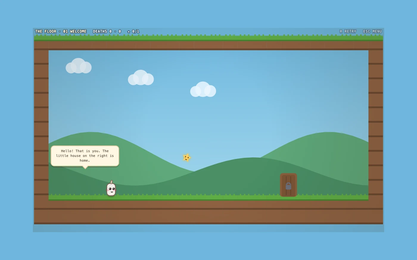 Room one: the character stands on a green hill under a speech bubble reading 'Hello! That is you. The little house on the right is home.', with a star in the air and a padlocked door at the far right