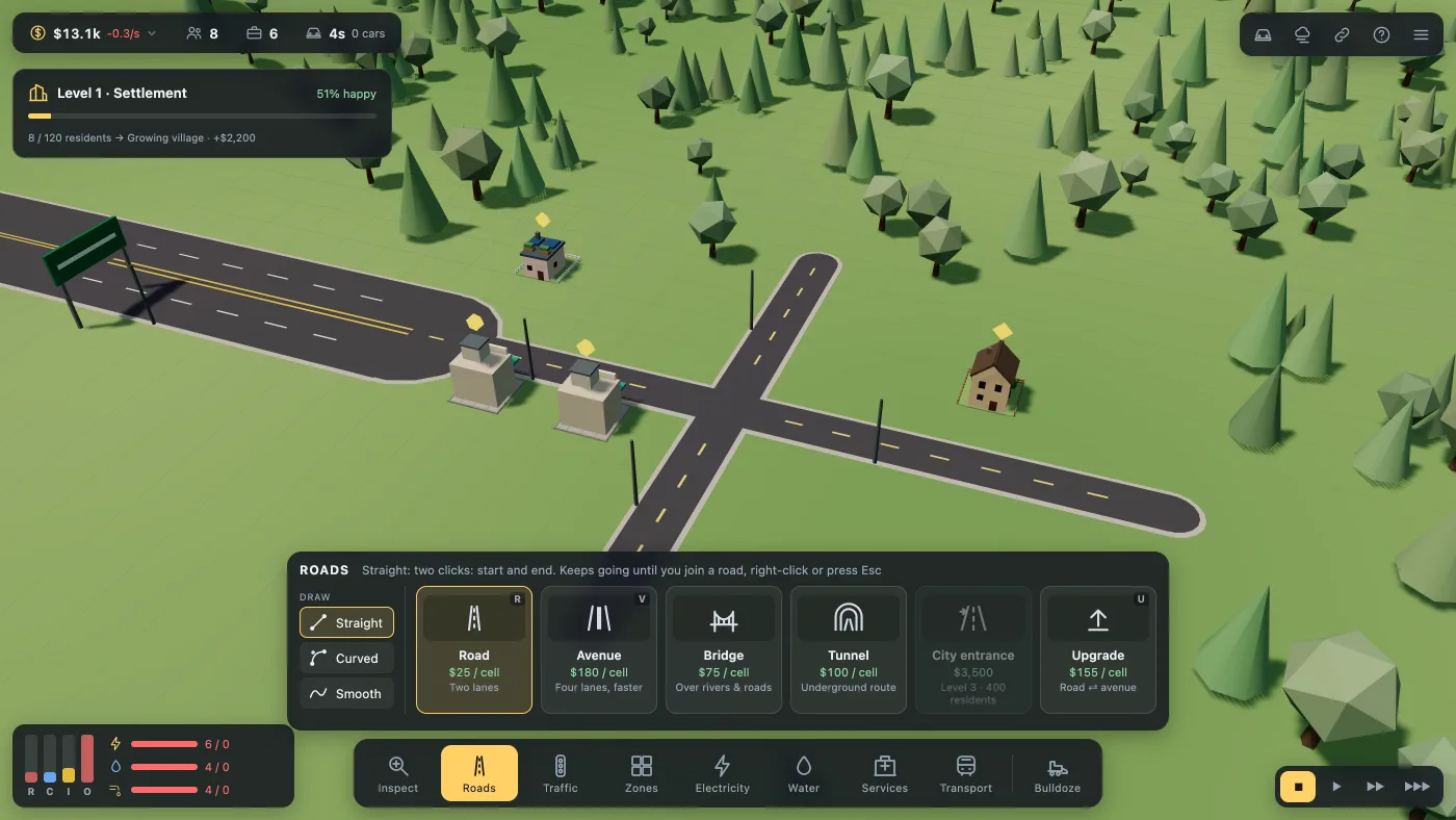 A crossroads of two new roads on empty grass beside a highway, four small buildings along it with amber markers floating over them, and the road menu open at the bottom