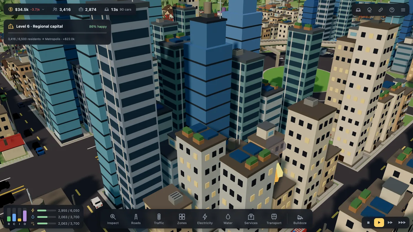 Blue and grey towers packed along a street, with low beige apartment blocks and a park behind them