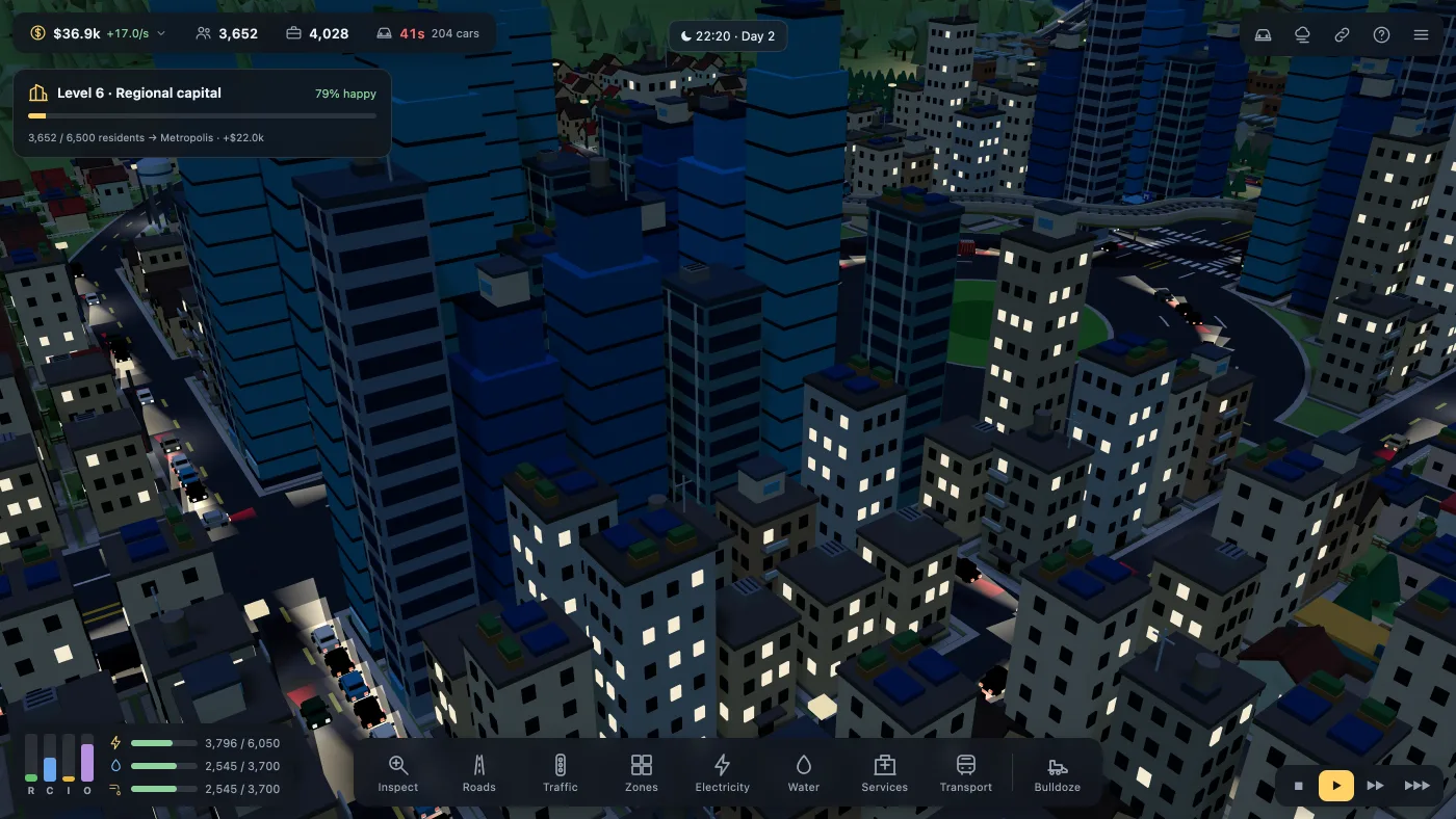 The same downtown at 22:20, towers dark with lit windows, headlights and tail lights along the streets and a queue of cars on the avenue