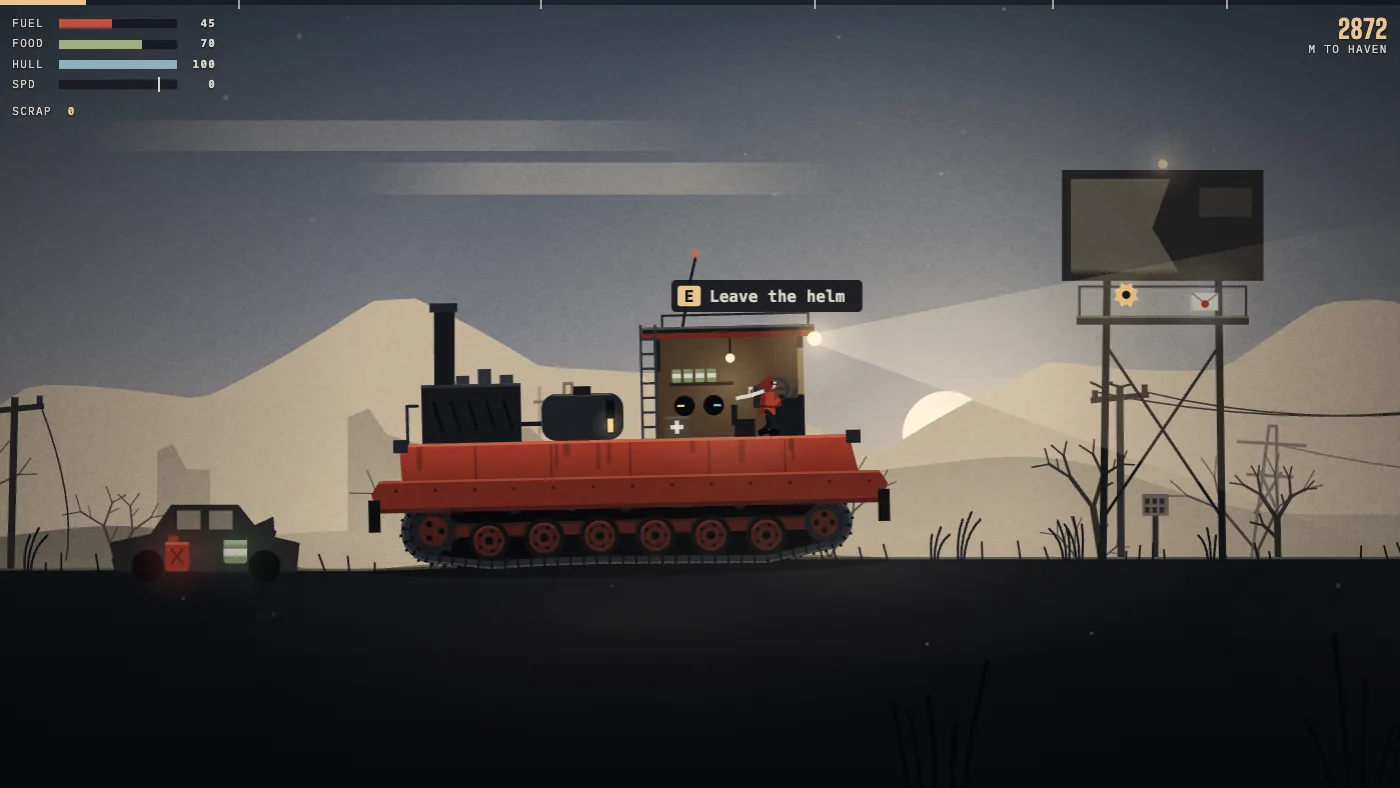 The crawler under way at dusk, smoke from its stack and the driver at the helm in the lit cab under a prompt reading Leave the helm, a wreck with a fuel can and a tin just behind it, and ahead an old billboard on stilts with a glowing gear and a letter on its catwalk