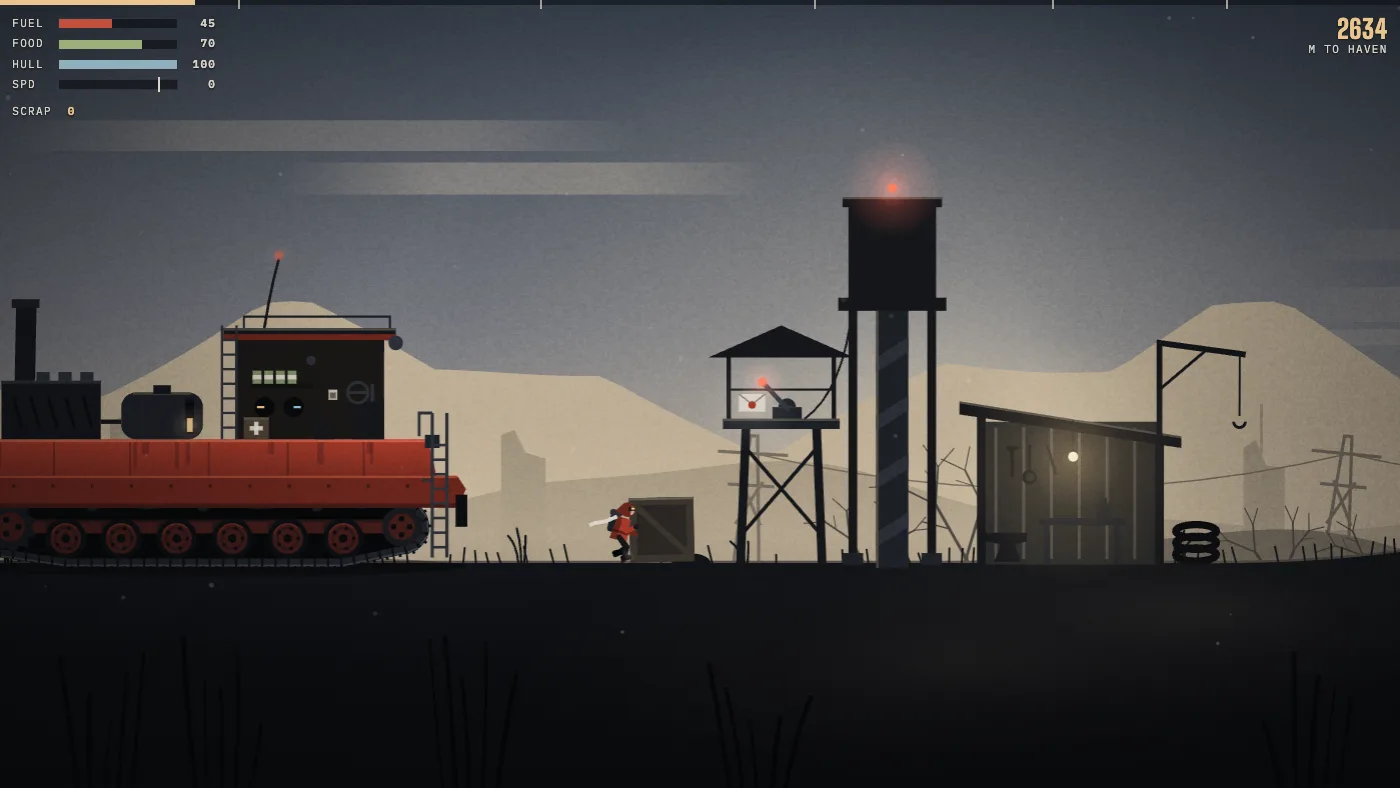 The crawler stopped at the first gate with its bow ladder down: the driver in a red coat leaning into a wooden crate, a watch post on stilts with a lever on its platform, the tall gate with a red lamp on top, and a lean-to workshop with a hanging lamp and a hoist beyond it