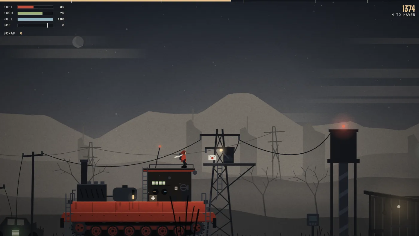 Night at the pump station: the driver standing on the roof of the helm house beside the aerial, level with a platform on a lattice pylon whose ladder ends in mid-air, a breaker box on the platform and a cable running from the pylon to the gate