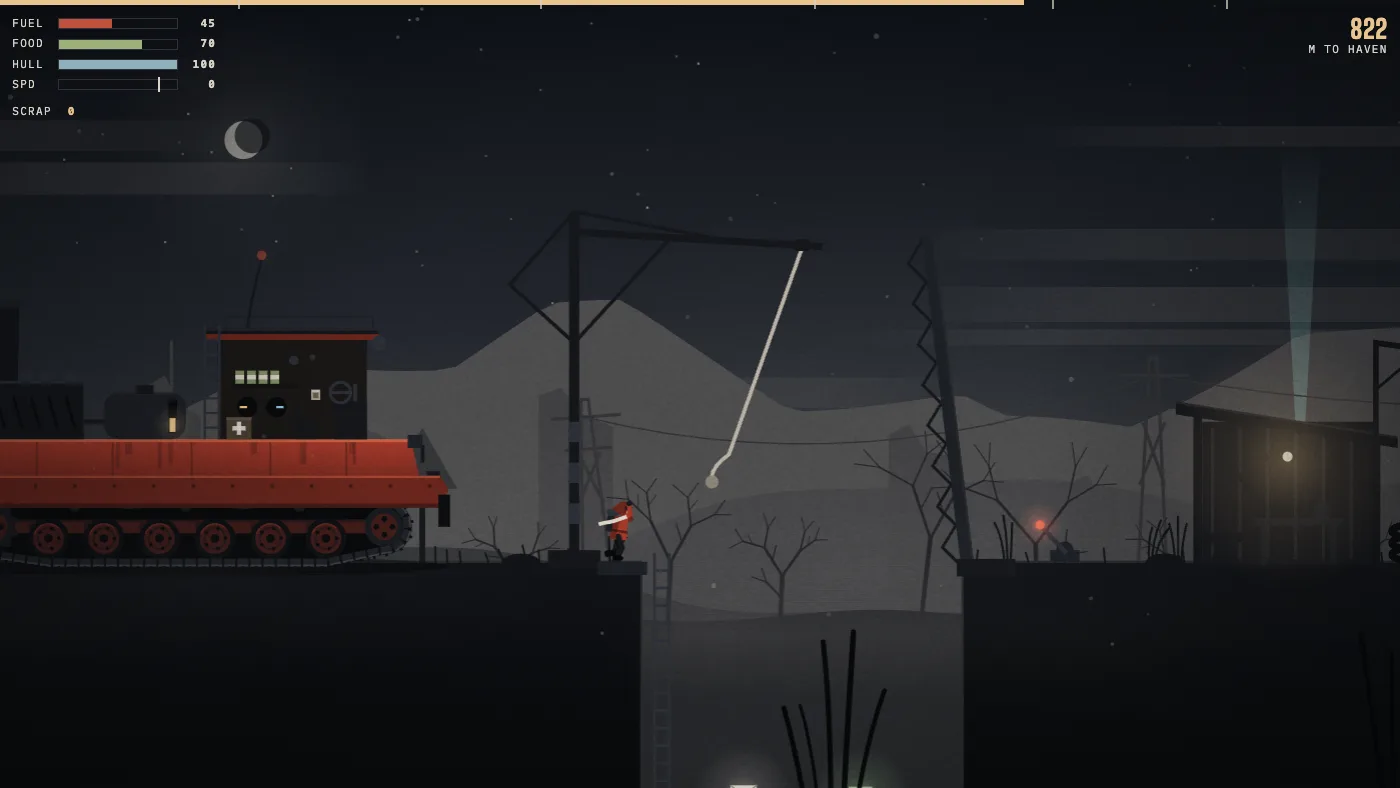 The crawler parked short of a sheer-sided ravine under a thin moon: a crane mast and jib over the gap with a pale rope swinging from its tip, the driver at the near edge, the far half of a bridge raised upright with its lever beside it, and a teal beacon on the horizon