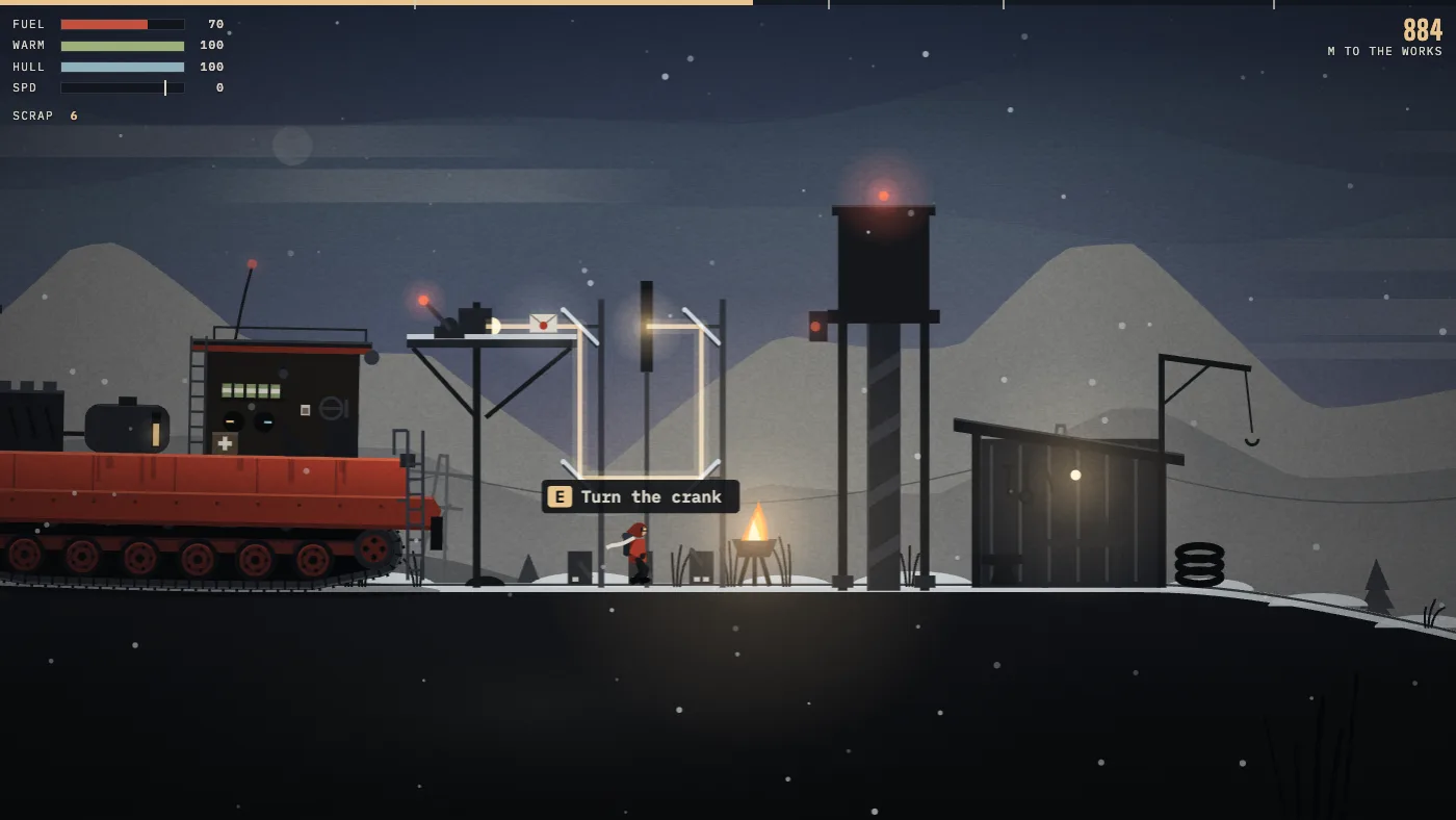 Chapter two in the snow: a warm beam from a signal lamp on a mast running right, down a post, along the bottom and up a second post between four tilted mirrors, the driver at a crank under a prompt reading Turn the crank, a brazier burning beside the gate, and the second gauge now labelled Warm