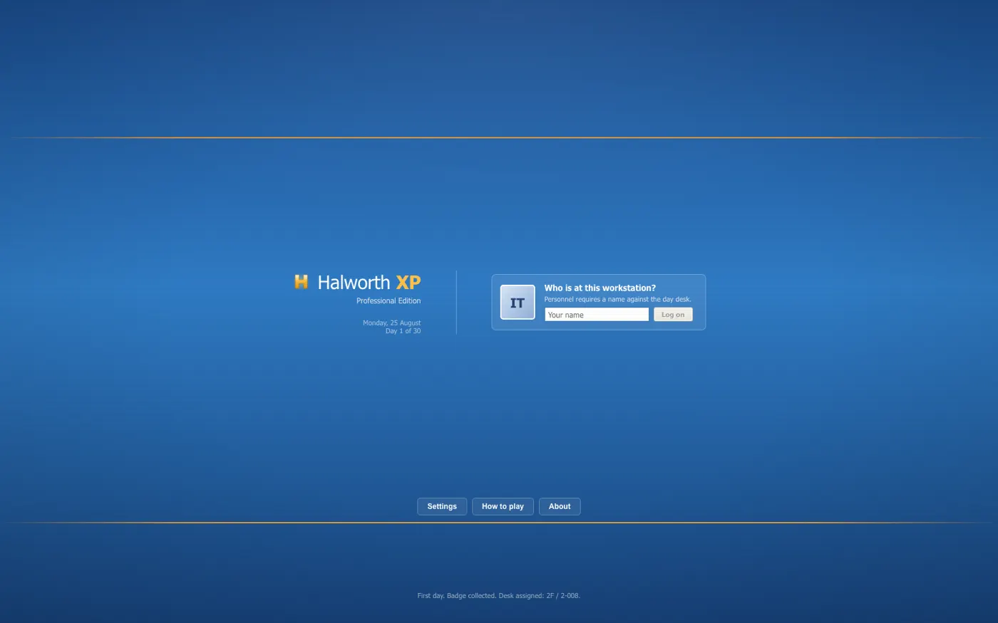 The Halworth XP logon screen: an XP-style blue gradient, the wordmark, and a box asking who is at this workstation