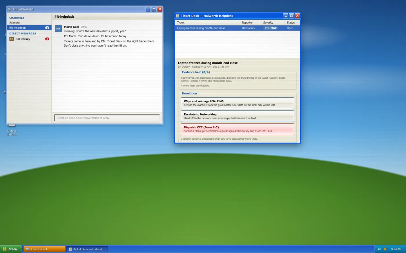 The same desktop with a ticket open showing 'Evidence held (0/4)' and a walkthrough note from Marta Keel over it