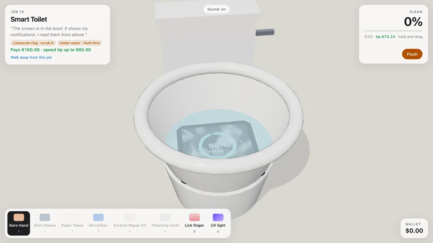 A white toilet seen from above, a display set into the bottom of the bowl under a layer of pale blue water, with a Flush button in the panel on the right