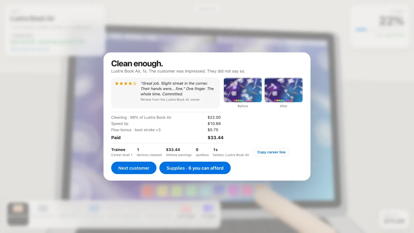 A results panel headed Clean enough, with a four-star customer review, before and after thumbnails of the screen, and an itemised receipt