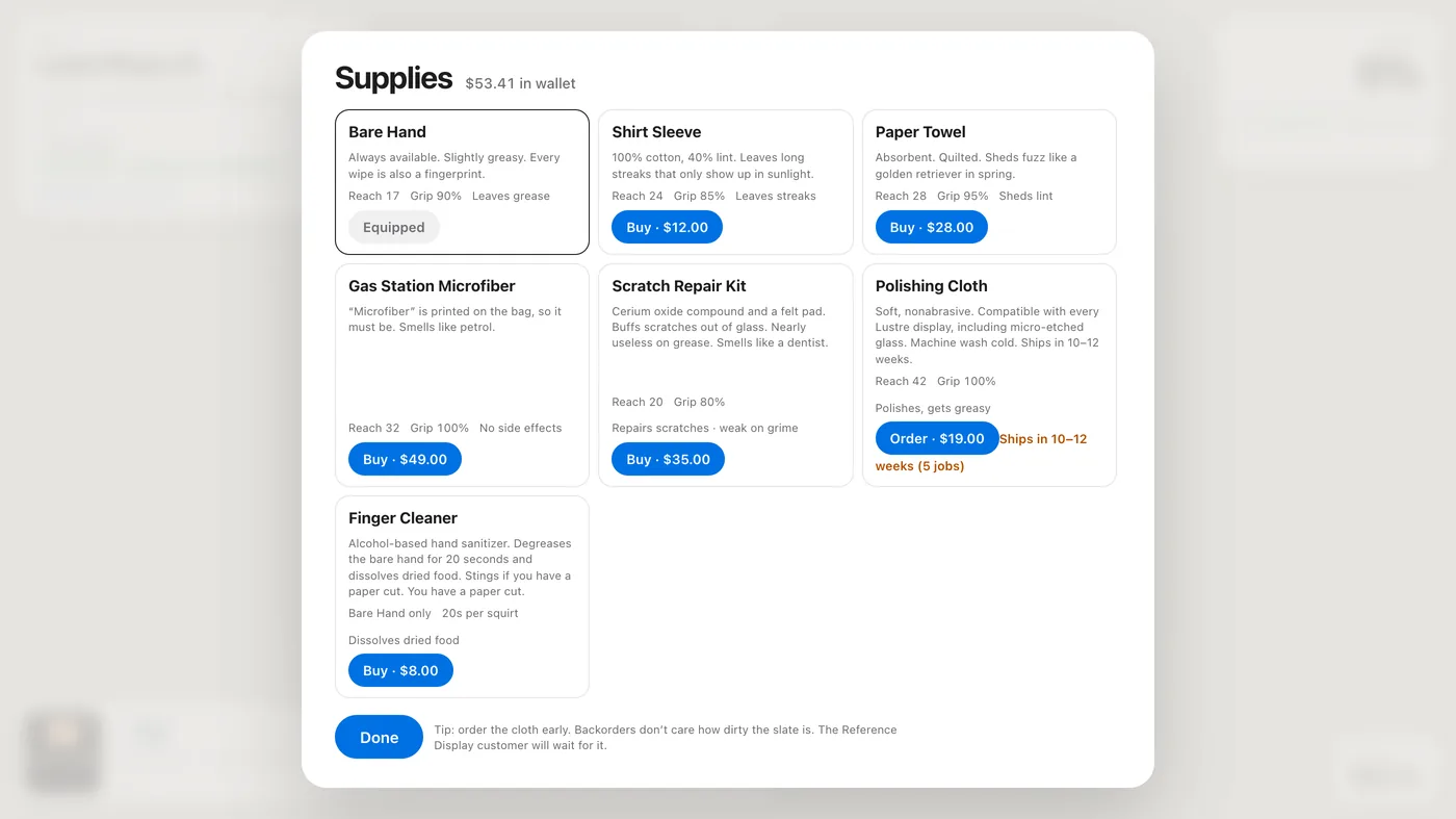 A supplies panel listing a bare hand, a shirt sleeve, a paper towel, a gas station microfibre, a scratch repair kit, a polishing cloth and hand sanitiser, with prices