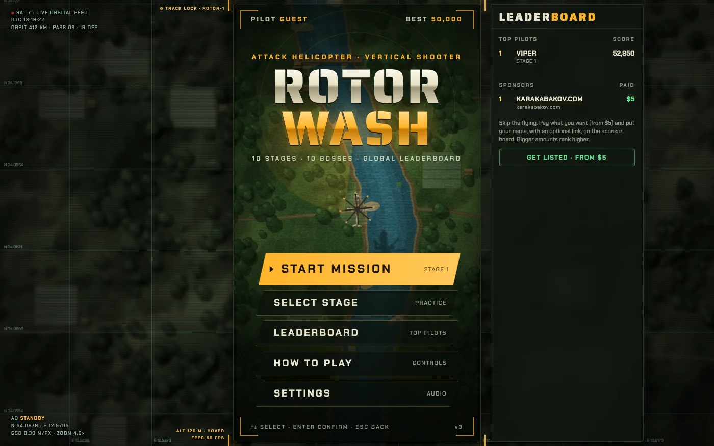 The main menu: the Rotorwash stencil wordmark, Start Mission, Select Stage, Leaderboard, How to Play and Settings, over a jungle river, framed by a satellite feed with coordinates