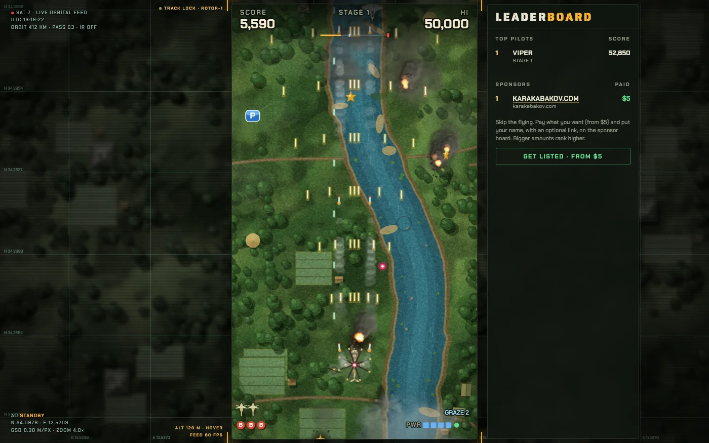 Stage 1 over the jungle river: the helicopter at full power firing a spread of cannon rounds, burning wrecks, a power-up and a medal in the air