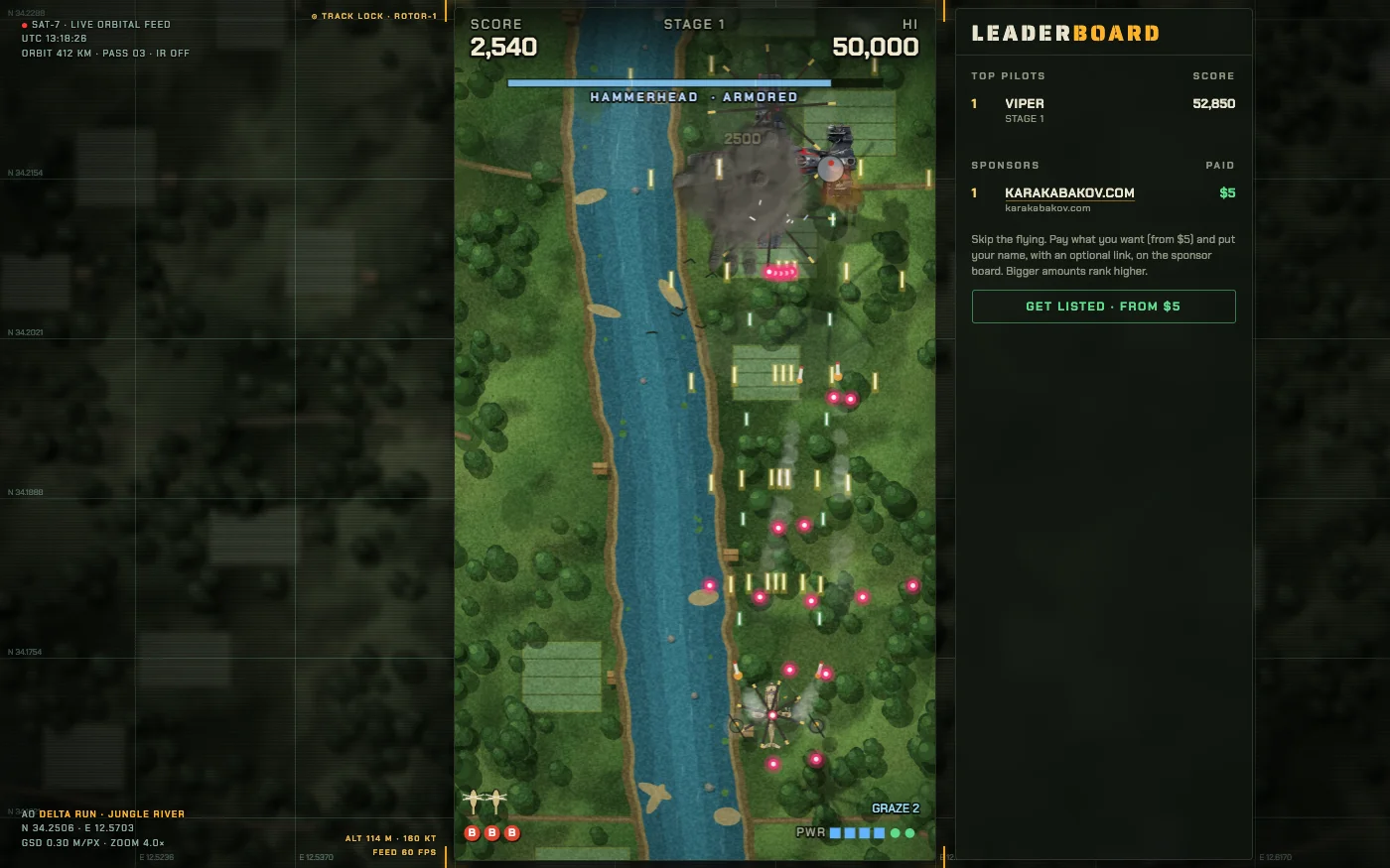 The Hammerhead gunship boss above the river, its health bar at the top, pink bullets coming down on the player