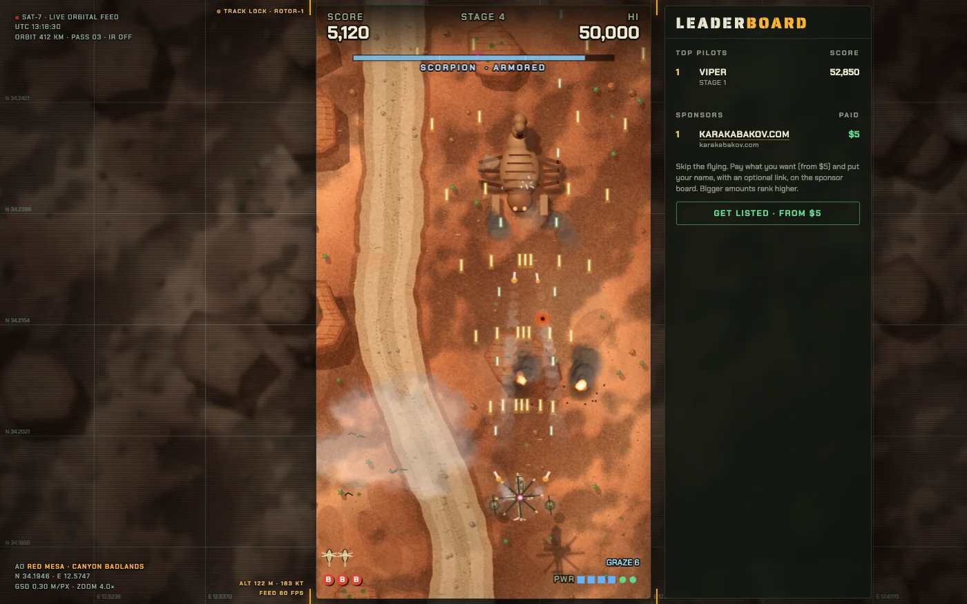 The Scorpion walker boss on the red mesa, with a desert road below it and smoke from destroyed turrets