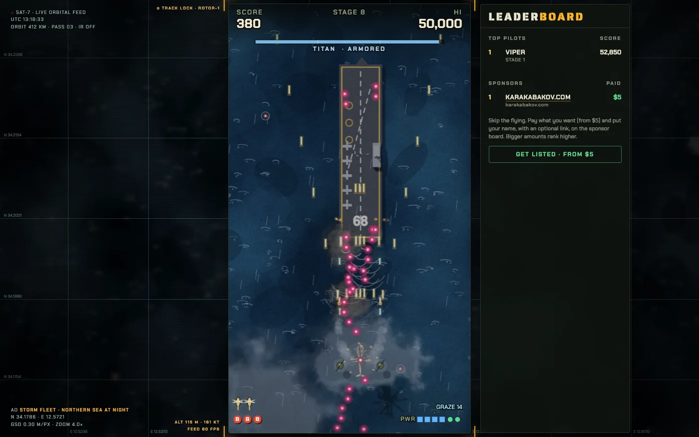 The Titan aircraft carrier in a storm at sea, its flight deck firing a stream of pink bullets toward the helicopter