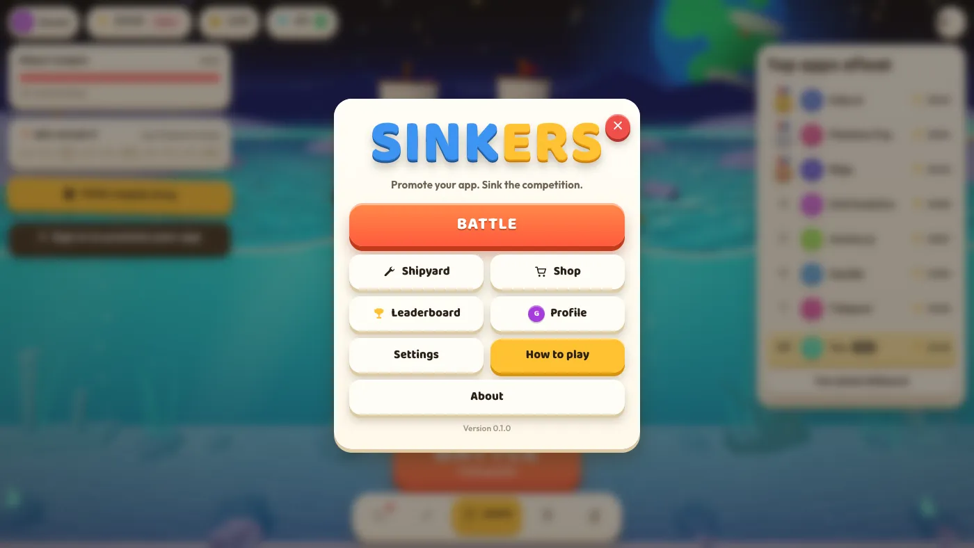 The Sinkers menu on a cream panel over a blurred harbour: the name in chunky blue and yellow letters, the line Promote your app, sink the competition, a wide orange Battle button, and buttons for Shipyard, Shop, Leaderboard, Profile, Settings, How to play and About