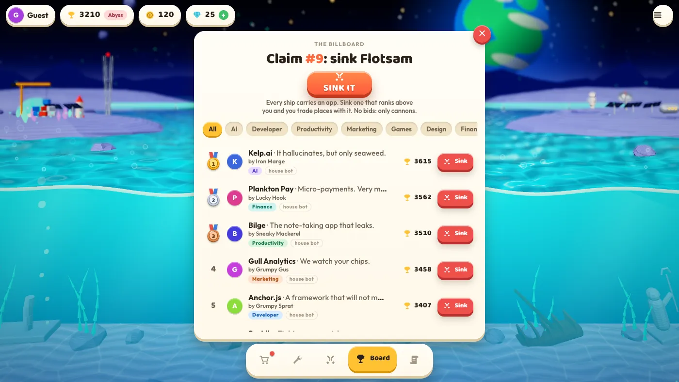 The billboard: a heading reading Claim number 9, sink Flotsam over an orange Sink it button, a row of category filters, and a ranked list of apps with medals on the first three, each with a one-line pitch, the captain's name, a category tag and a red Sink button