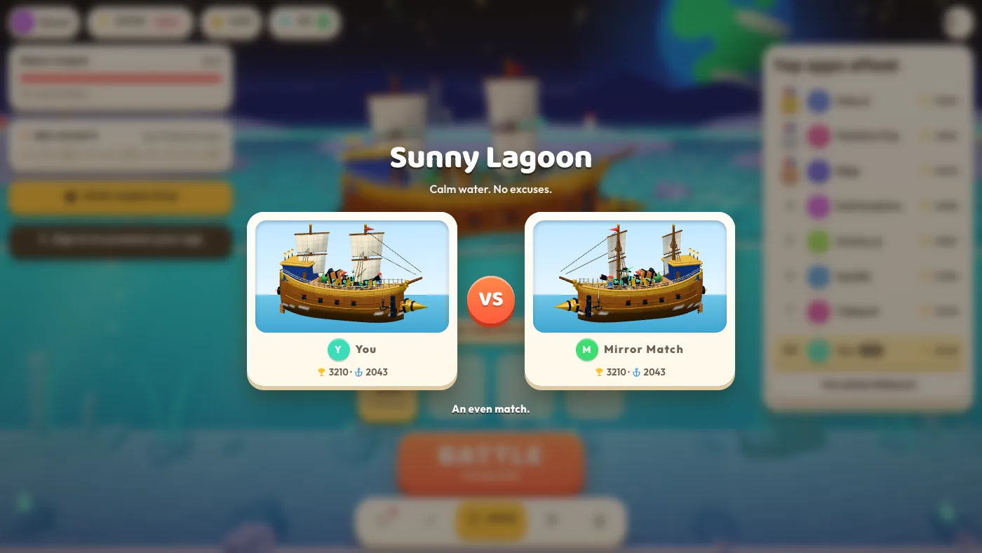 The card shown before a fight: the arena name Sunny Lagoon and the line Calm water, no excuses, over two cream tiles each holding a galleon, a captain and their trophies and power, a red VS badge between them and the line An even match below